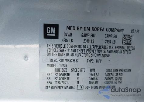 2022 Chevrolet Trax Awd Lt from USA, damaged, VIN KL7CJPSM7NB523687